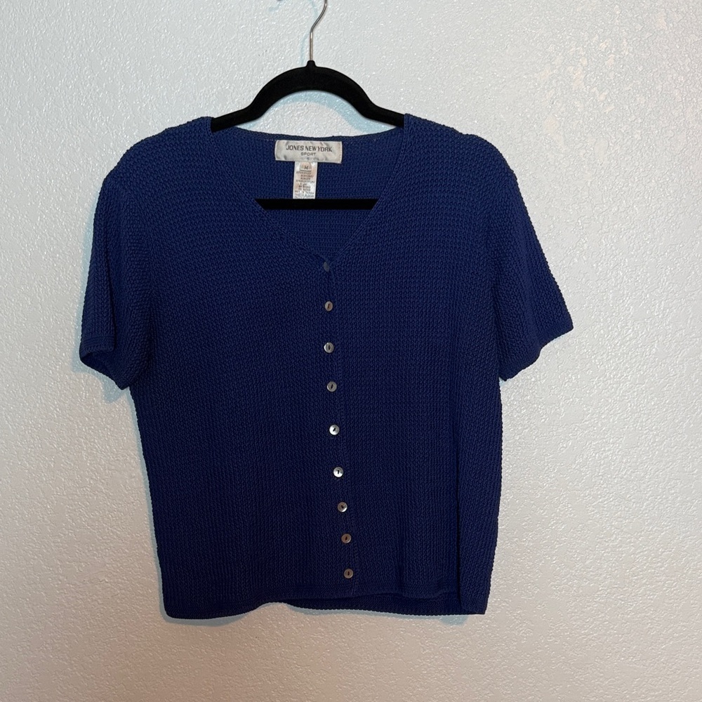 Vintage Jones New York Blue Knit Short Sleeve Cardigan Top Mother of Pearl Med